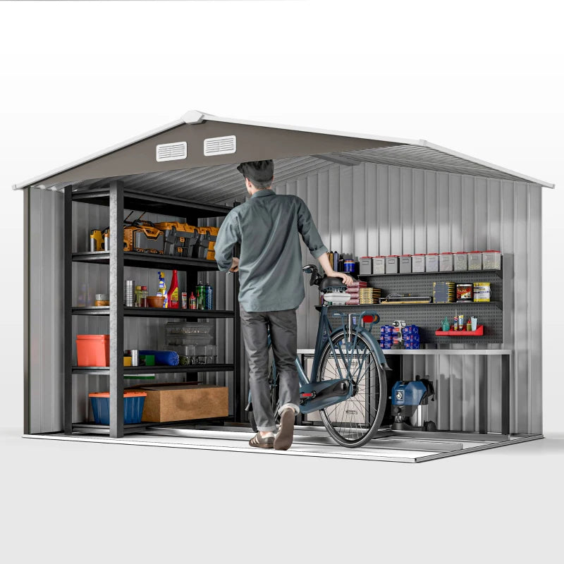 Outsunny 9 x 6FT Outdoor Garden Roofed Metal Storage Shed Tool Box with Foundation Ventilation & Doors Light, Grey