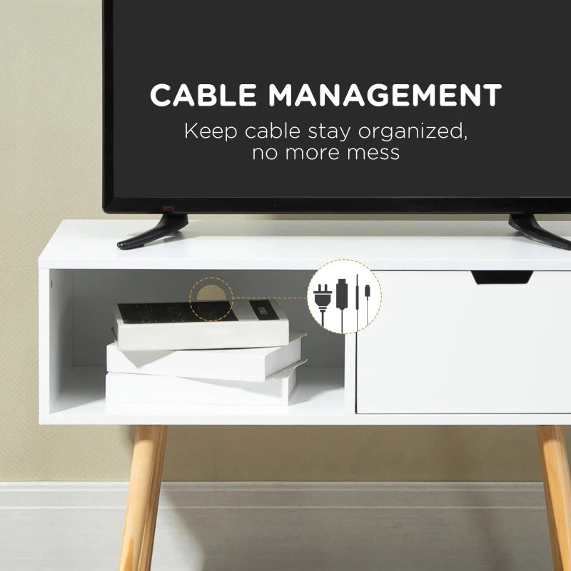 HOMCOM TV Cabinet, TV Unit for TVs up to 47", TV Table with Shelf and Drawer, Entertainment Centre with Cable Hole for Living Room, White