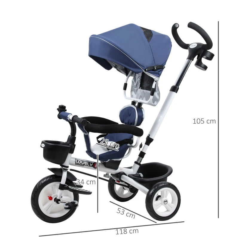 HOMCOM 4 in 1 Tricycle for Kids Toddler Folding Trike with Parent Handle Reversible Seat Adjustable Handle Removable Canopy Safety Belt Blue