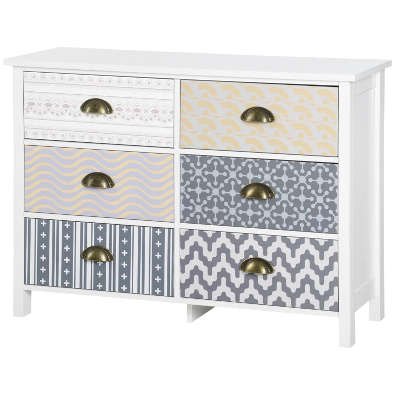 HOMCOM Chest of Drawers, 6 Drawer Dresser w/ Antique Metal Handles and Multi-Coloured Patterns, Storage Drawer Unit for Bedroom