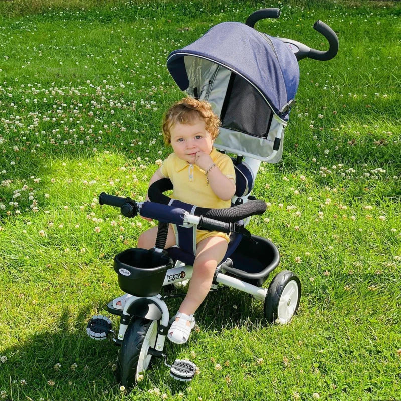 HOMCOM 4 in 1 Tricycle for Kids Toddler Folding Trike with Parent Handle Reversible Seat Adjustable Handle Removable Canopy Safety Belt Blue