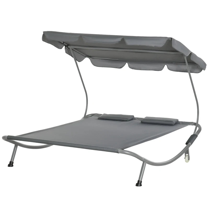Outsunny Double Hammock Sun Lounger Bed Canopy Shelter Wheels 2 Pillows Patio Grey