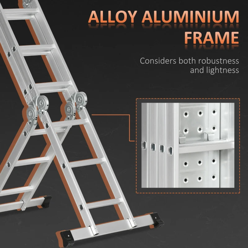 DURHAND Multifunctional 5-in-1 Telescoping Ladder with Safety Platforms, Alloy Aluminium 3.4M Multi Purpose 4-Fold Collapsible Ladder with 12 Steps, 150 kg Weight Capacity