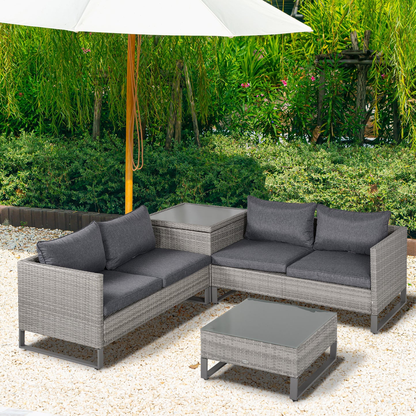 Outsunny 4 PCs Rattan Wicker Sofa Set Outdoor Conservatory Furniture w/ Side Storage Box