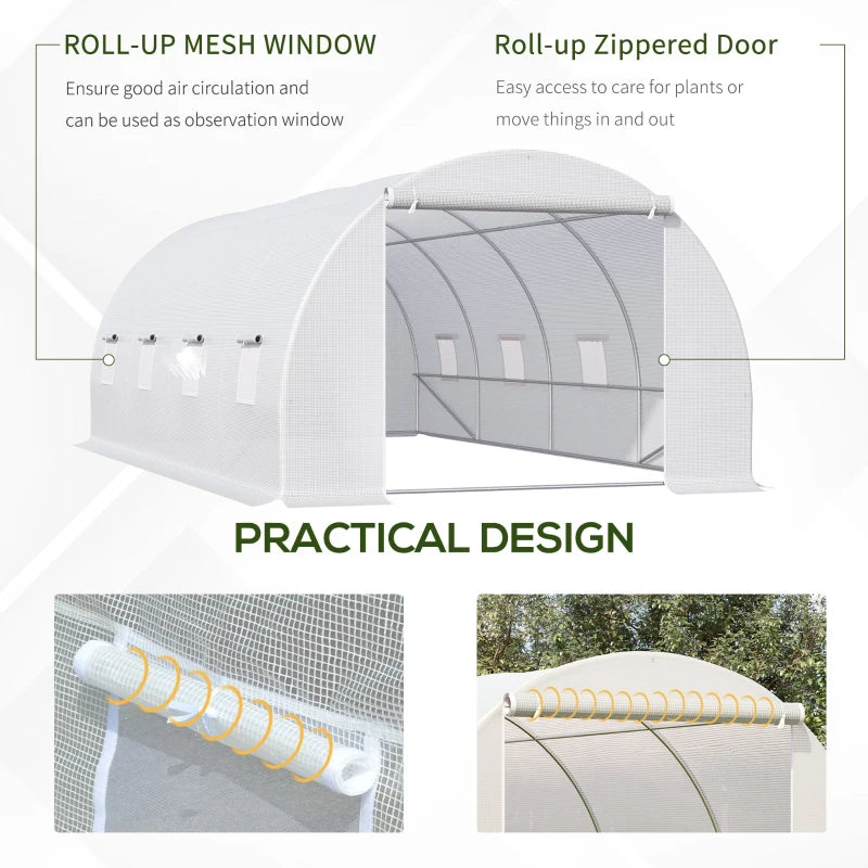 Outsunny 6 x 3 x 2 m Polytunnel Greenhouse, Walk-in Polytunnel Tent with Metal Frame, Zippered Door, and 8 Windows for Garden and Backyard, White