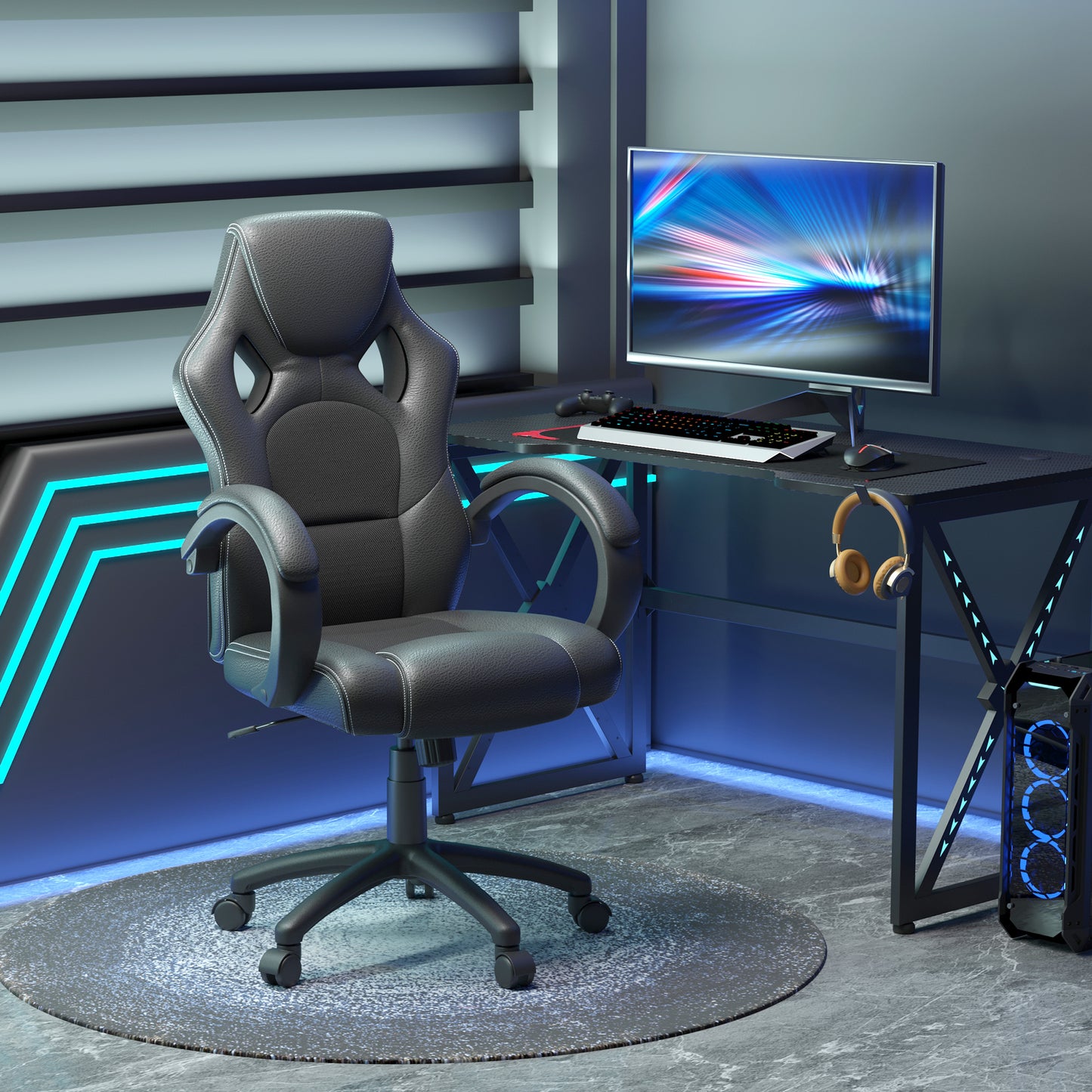 Vinsetto High-Back Gaming Chair with 360-degree Swivel & Wheels, Faux Leather Computer Racing Gamer Desk Chair for Home Office, Black