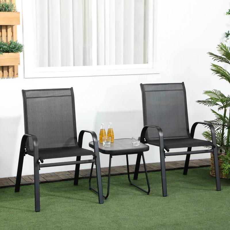 3 Pieces Outdoor Bistro Set, Stackable Armchairs and SPC Board Coffee Table, Black