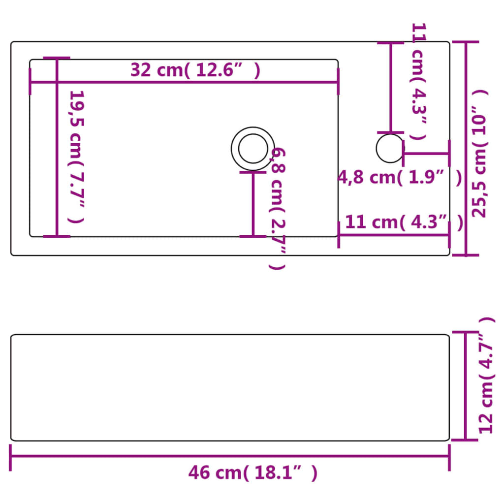 Basin With Faucet Hole Rectangular Ceramic 46X25.5X12 Cm