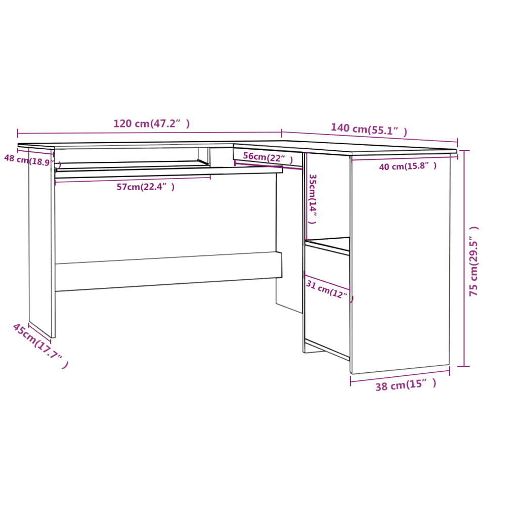 L-Shaped Corner Desk 120X140X75 Cm Engineered Wood