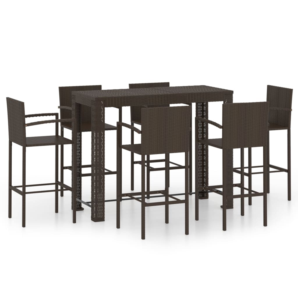 7 Piece Outdoor Bar Set With Armrest Poly Rattan Brown