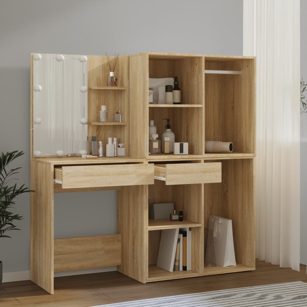 Led Dressing Table With 2 Cabinets Sonoma Oak Engineered Wood