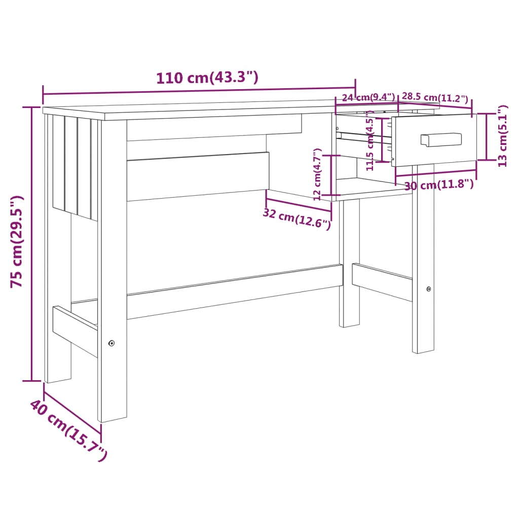 Desk Hamar 110X40X75 Cm Solid Wood Pine
