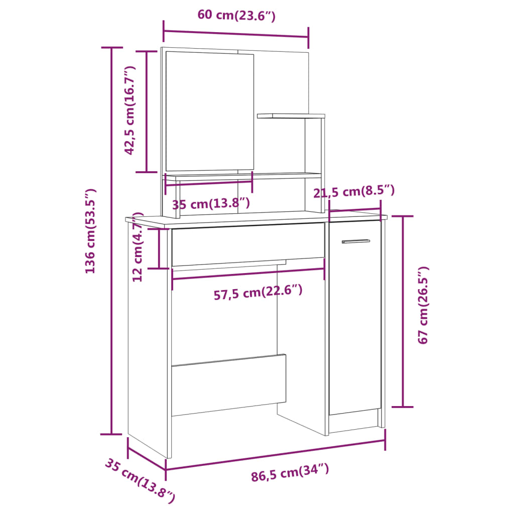 Dressing Table With Mirror 86.5X35X136 Cm