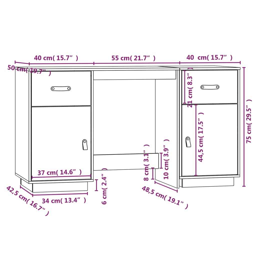 Desk With Cabinets 135X50X75 Cm Solid Wood Pine
