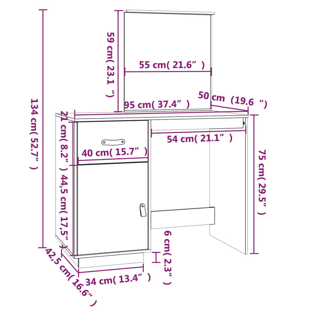Dressing Table 95X50X134 Cm Solid Wood Pine