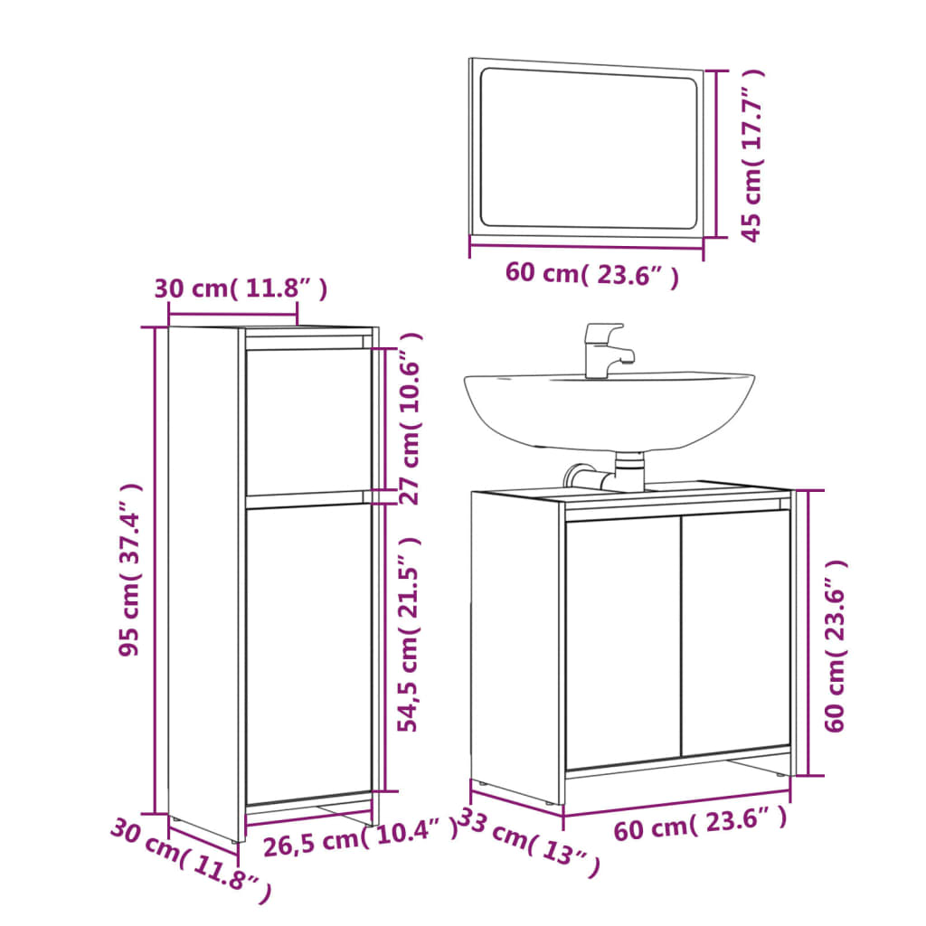 3 Piece Bathroom Furniture Set Engineered Wood