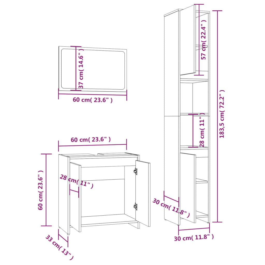 3 Piece Bathroom Furniture Set Engineered Wood