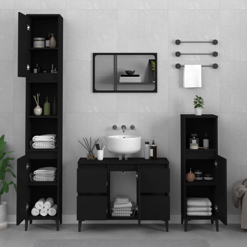 Bathroom Furniture Set With Drawer 3 Pcs Black 30 X 30 X 180 Cm
