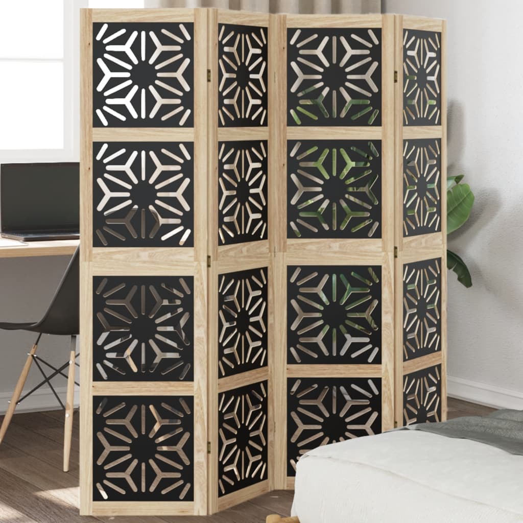Room Divider 4 Panels Brown And Black Solid Wood Paulownia