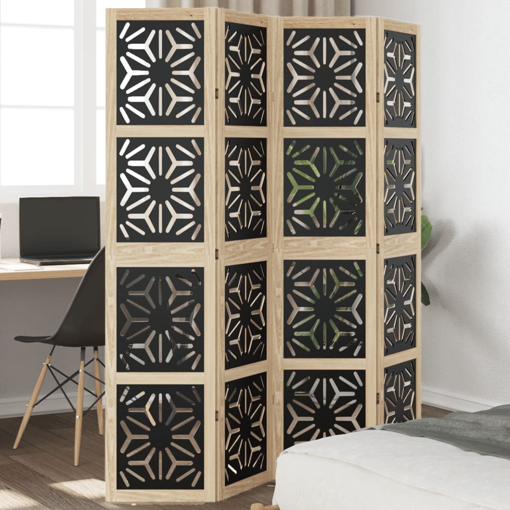 Room Divider 4 Panels Brown And Black Solid Wood Paulownia