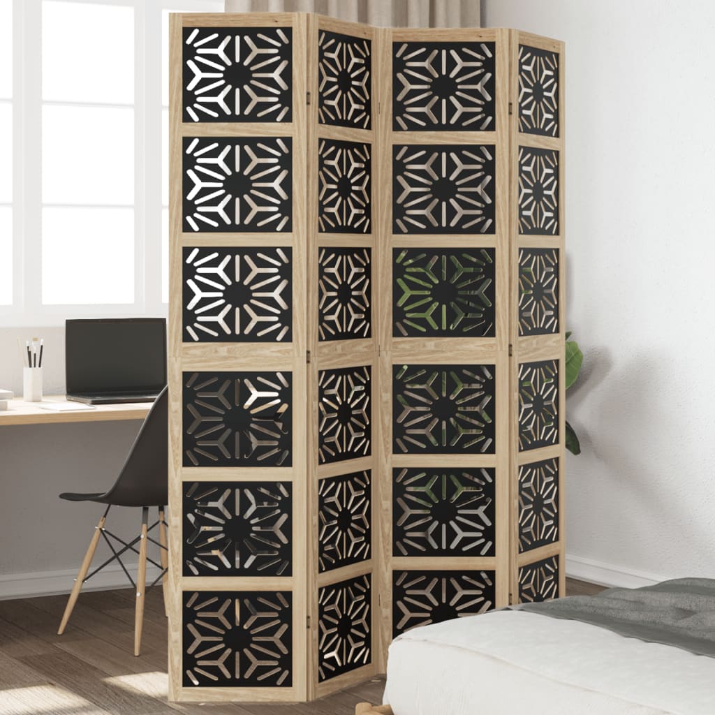 Room Divider 4 Panels Brown And Black Solid Wood Paulownia