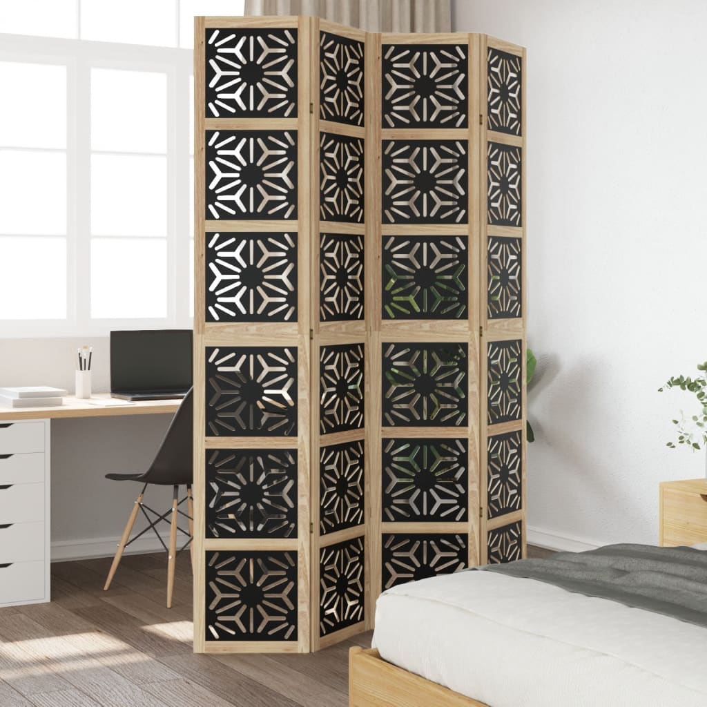 Room Divider 4 Panels Brown And Black Solid Wood Paulownia