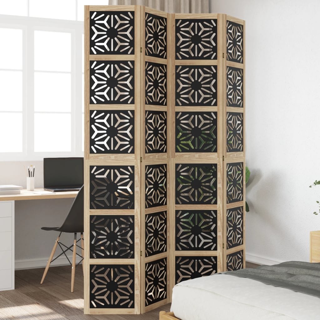 Room Divider 4 Panels Brown And Black Solid Wood Paulownia