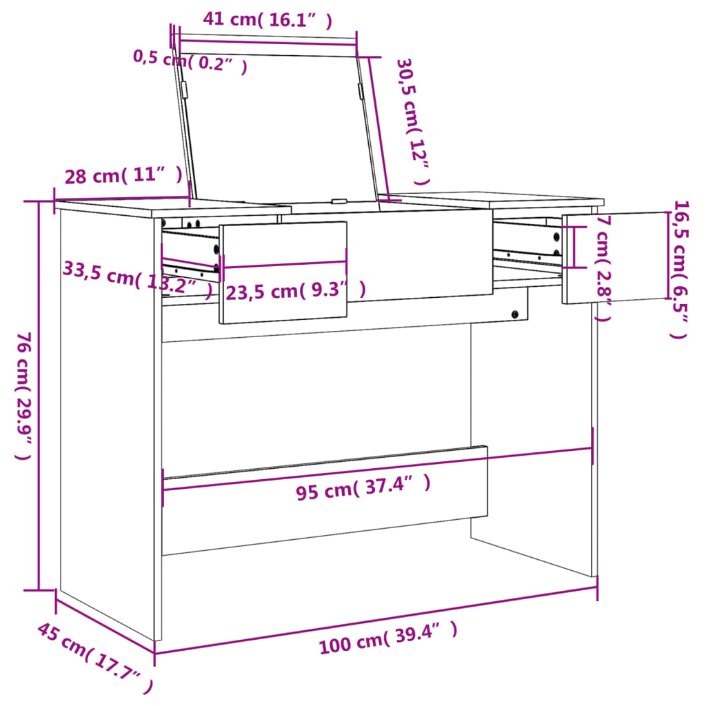 Dressing Table With Mirror 100X45X76 Cm