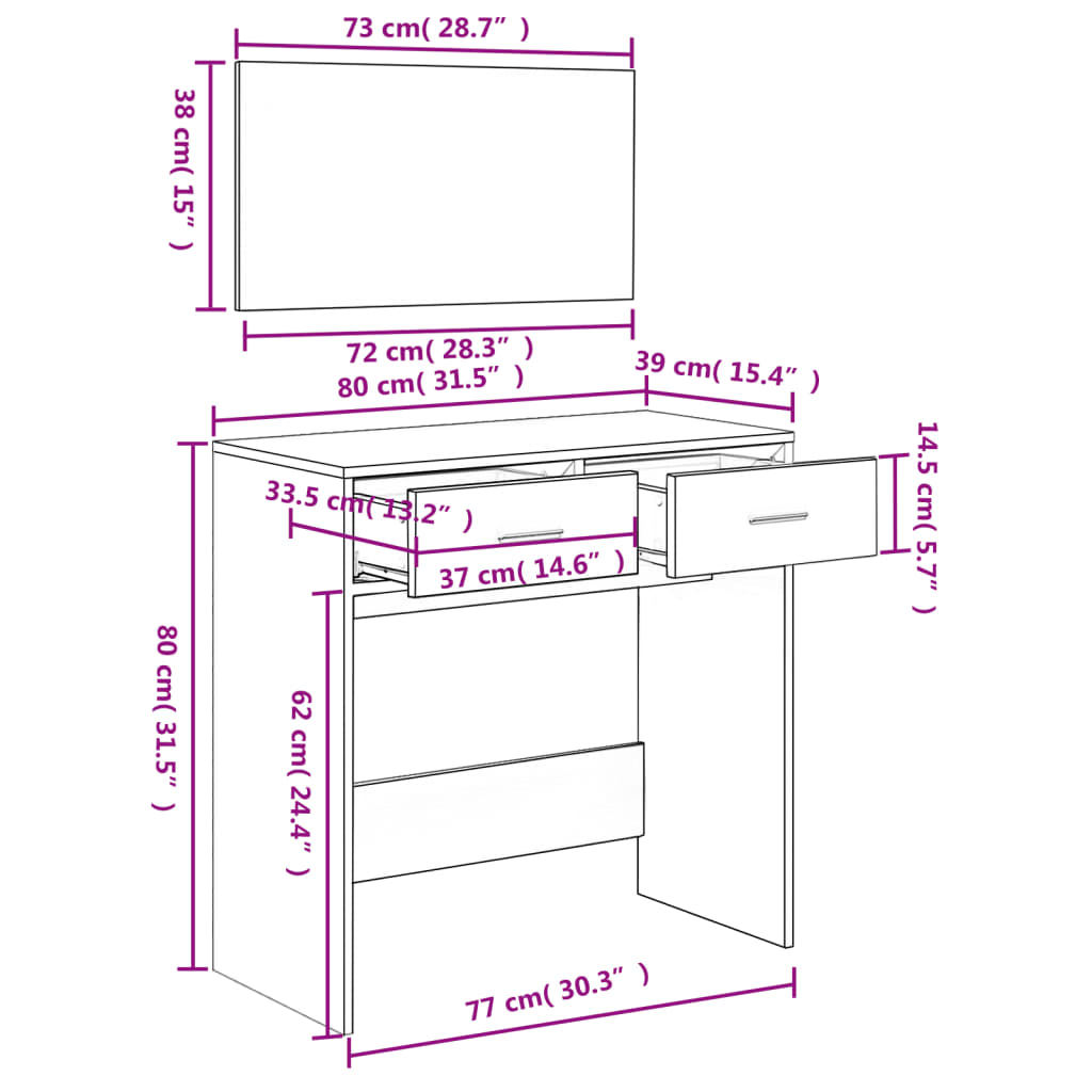 Dressing Table With Mirror 80X39X80 Cm