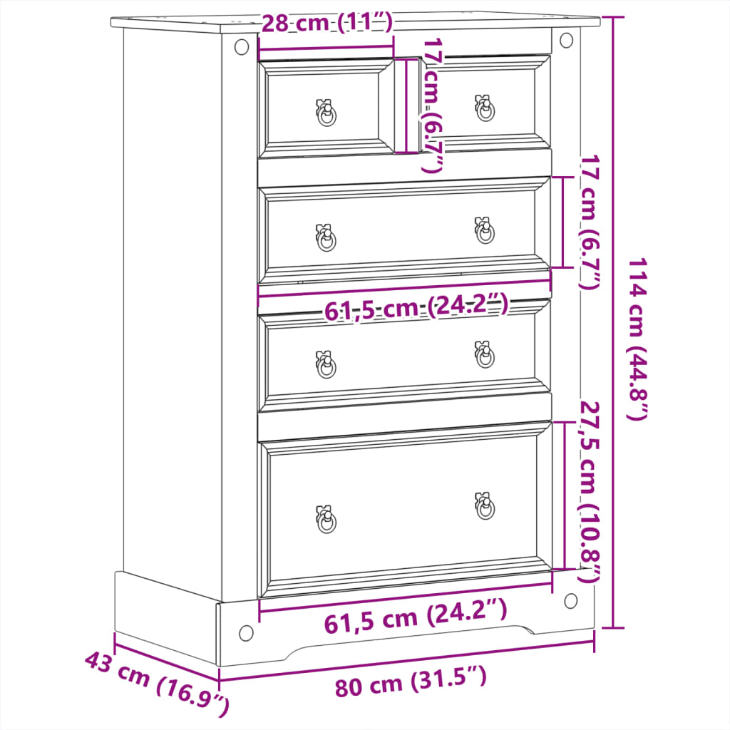 Chest Of Drawers Corona 80X43X114 Cm Solid Wood Pine