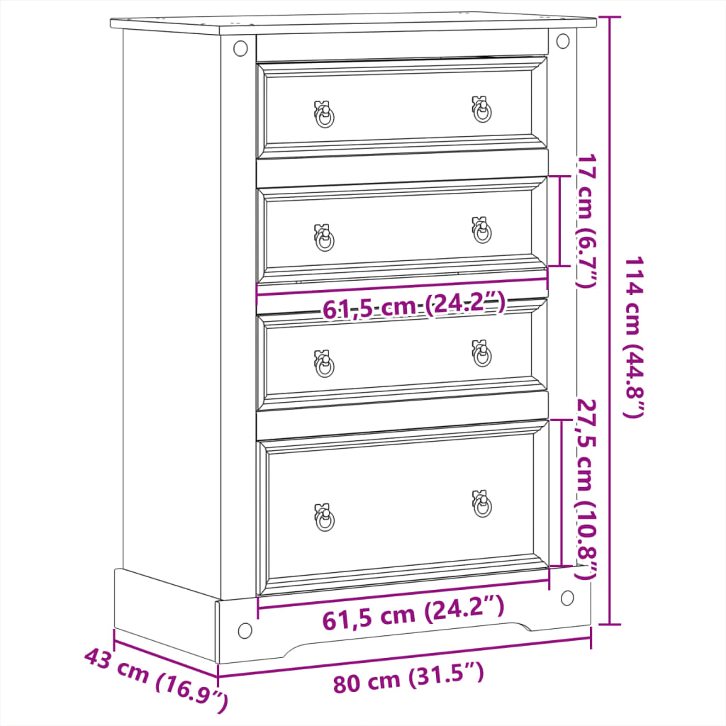 Chest Of Drawers Corona 80X43X114 Cm Solid Wood Pine
