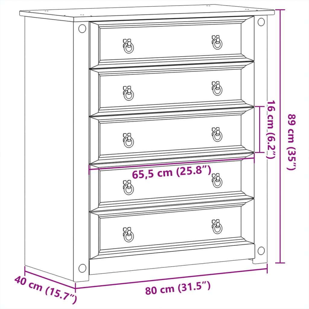 Chest Of Drawers Corona 80X40X89 Cm Solid Wood Pine