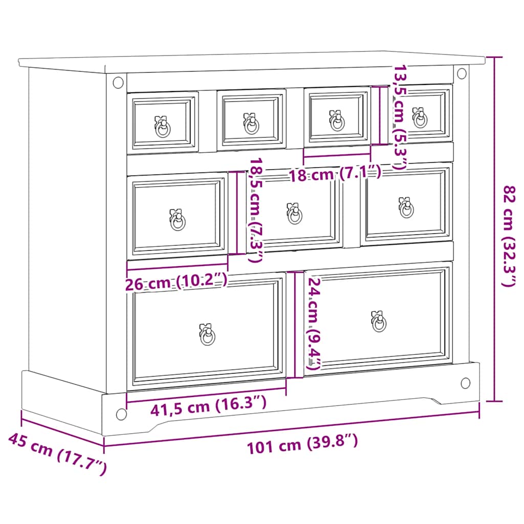 Chest Of Drawers Corona 101X45X82 Cm Solid Wood Pine