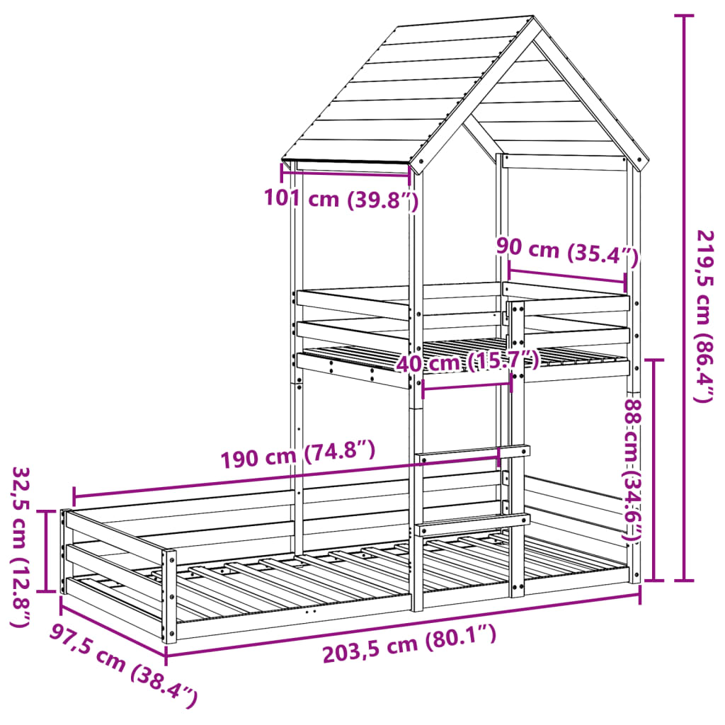 Bunk Bed With Roof Solid Wood Pine