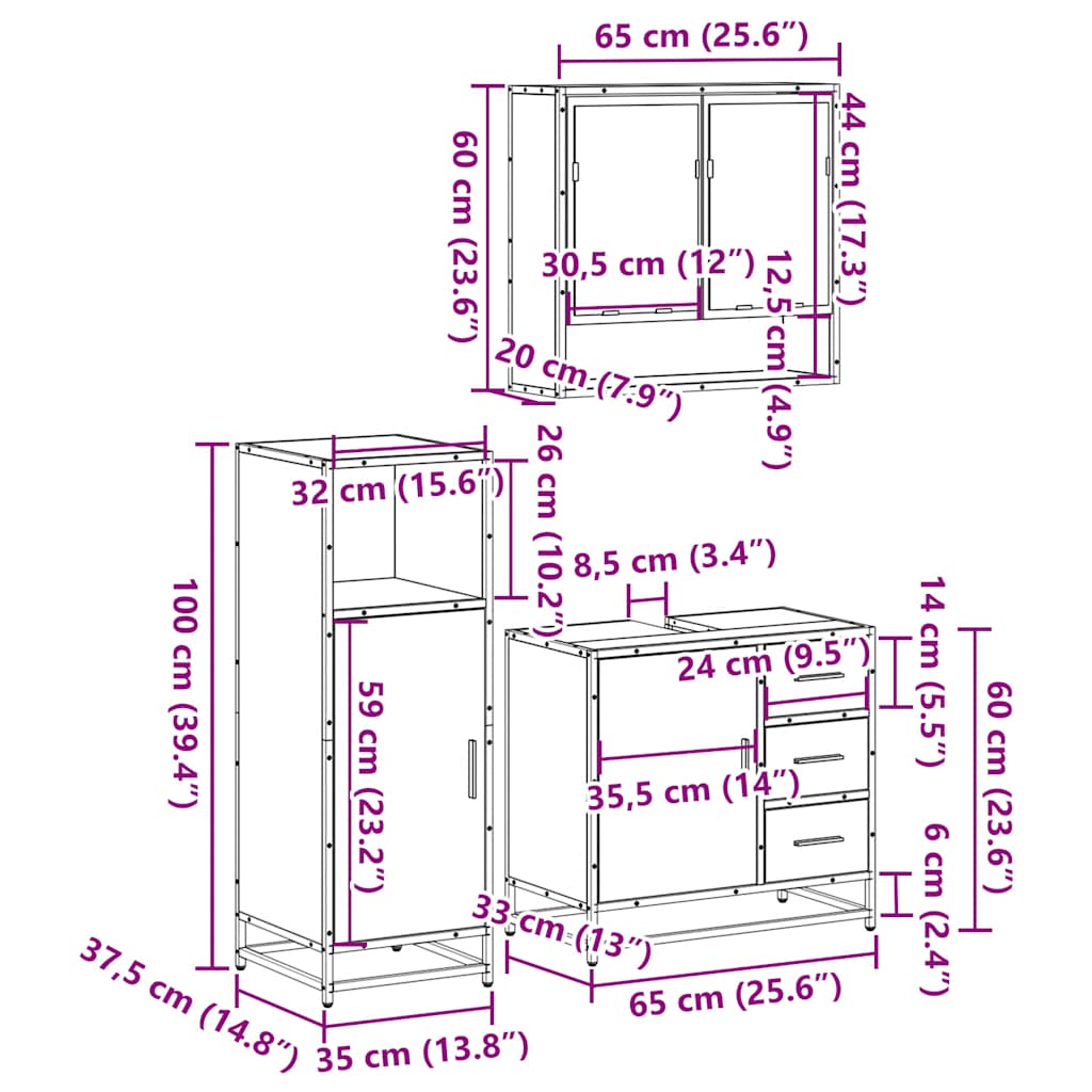 3 Piece Bathroom Furniture Set Engineered Wood
