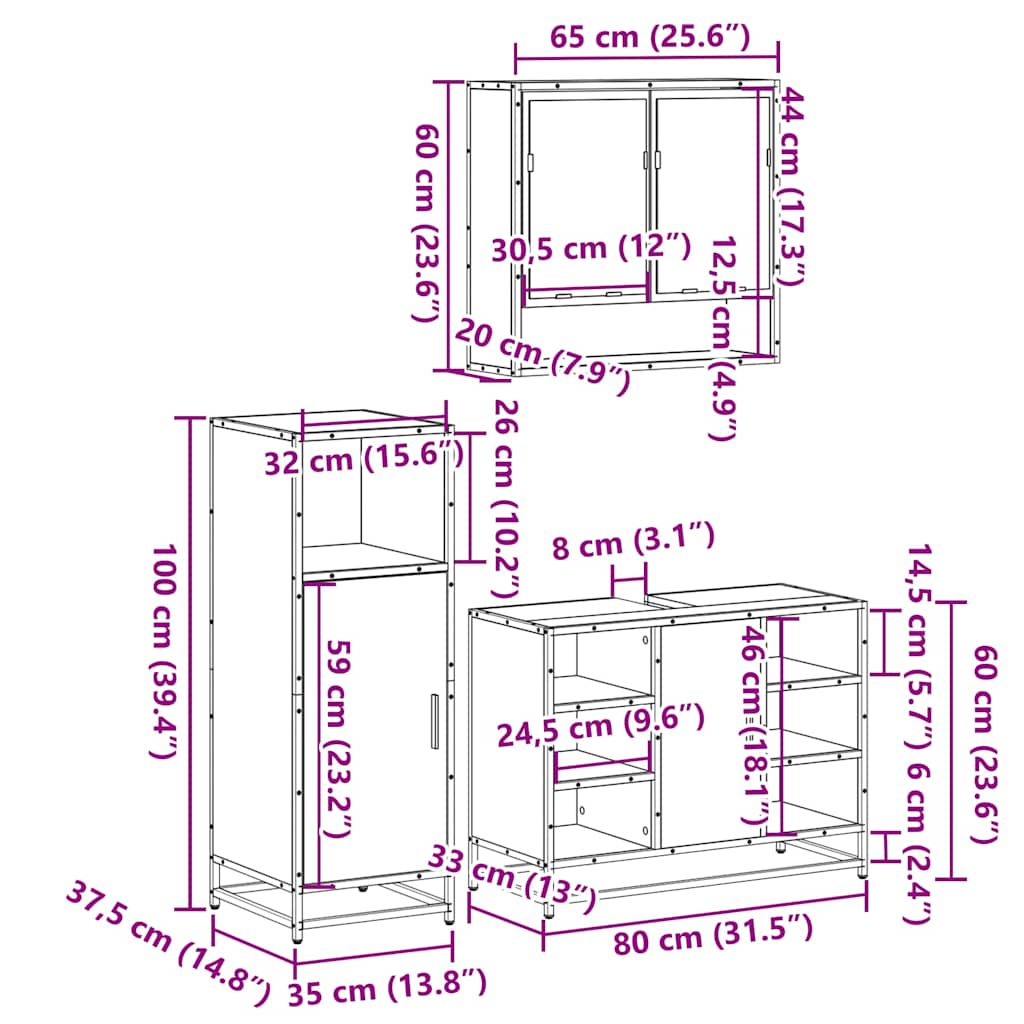 3 Piece Bathroom Furniture Set Engineered Wood
