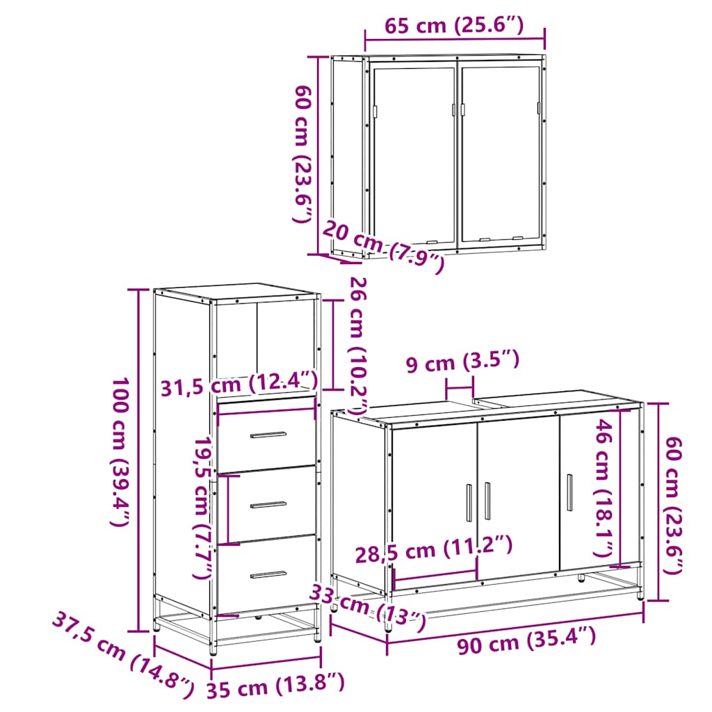 3 Piece Bathroom Furniture Set Grey Sonoma Engineered Wood