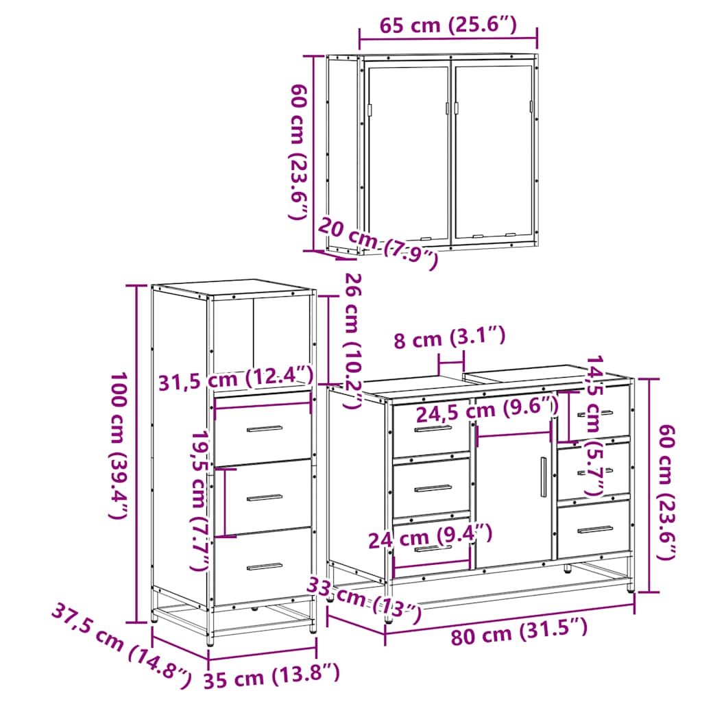 3 Piece Bathroom Furniture Set Smoked Oak Engineered Wood