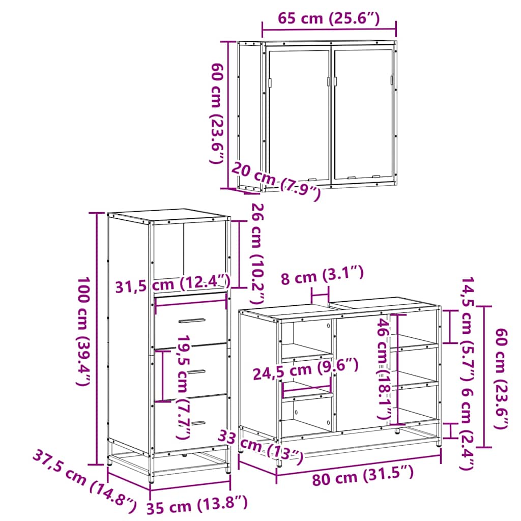 3 Piece Bathroom Furniture Set Engineered Wood