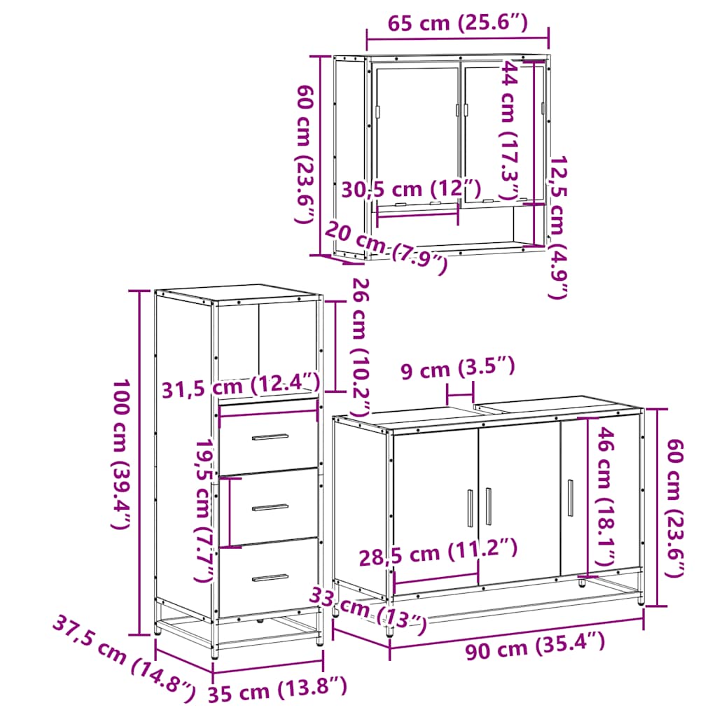 3 Piece Bathroom Furniture Set Engineered Wood