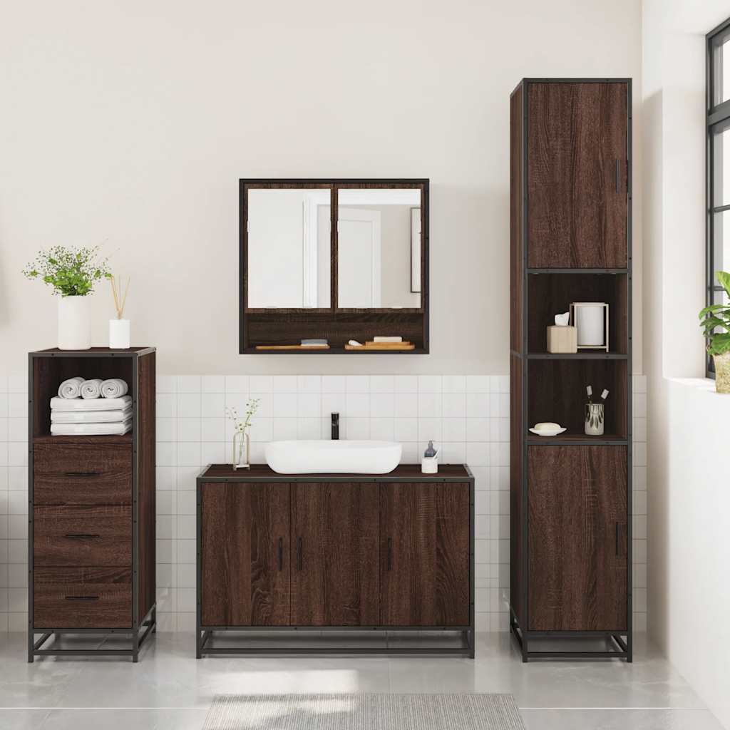 3 Piece Bathroom Furniture Set Brown Oak Engineered Wood
