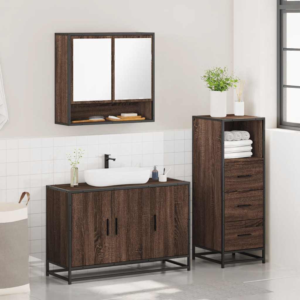 3 Piece Bathroom Furniture Set Brown Oak Engineered Wood