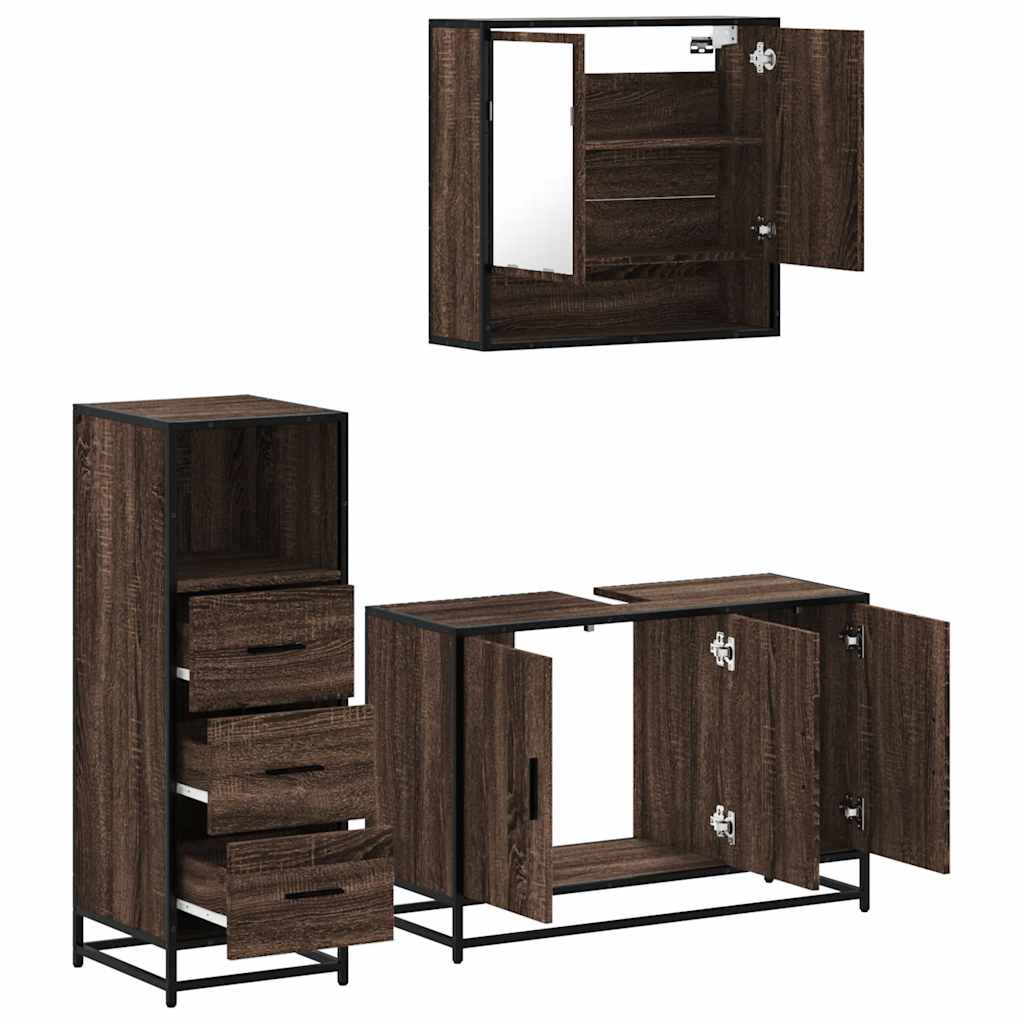 3 Piece Bathroom Furniture Set Brown Oak Engineered Wood