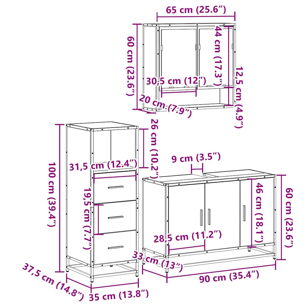 3 Piece Bathroom Furniture Set Brown Oak Engineered Wood