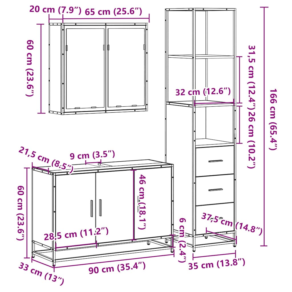 3 Piece Bathroom Furniture Set Engineered Wood