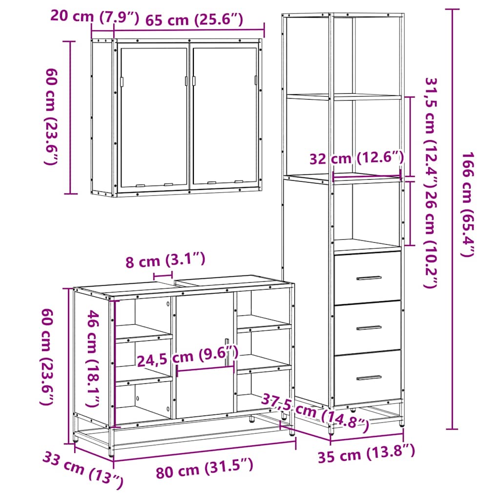 3 Piece Bathroom Furniture Set Engineered Wood