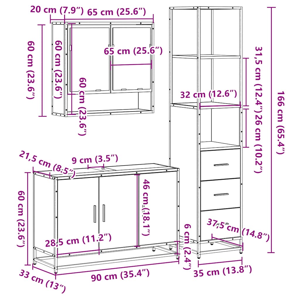 3 Piece Bathroom Furniture Set Engineered Wood