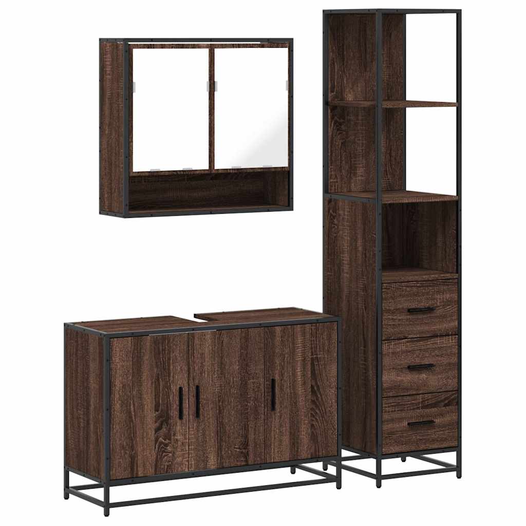 3 Piece Bathroom Furniture Set Brown Oak Engineered Wood