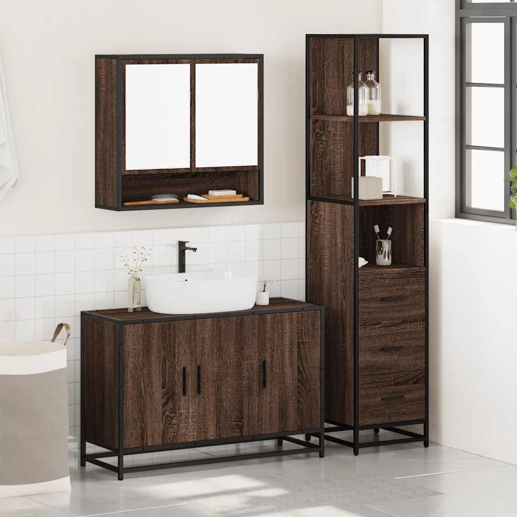 3 Piece Bathroom Furniture Set Brown Oak Engineered Wood