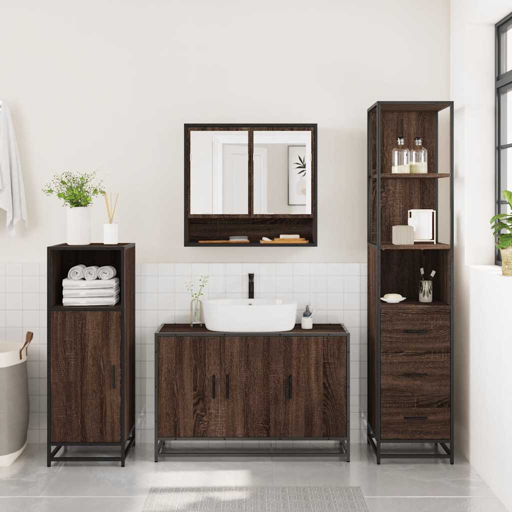 3 Piece Bathroom Furniture Set Brown Oak Engineered Wood